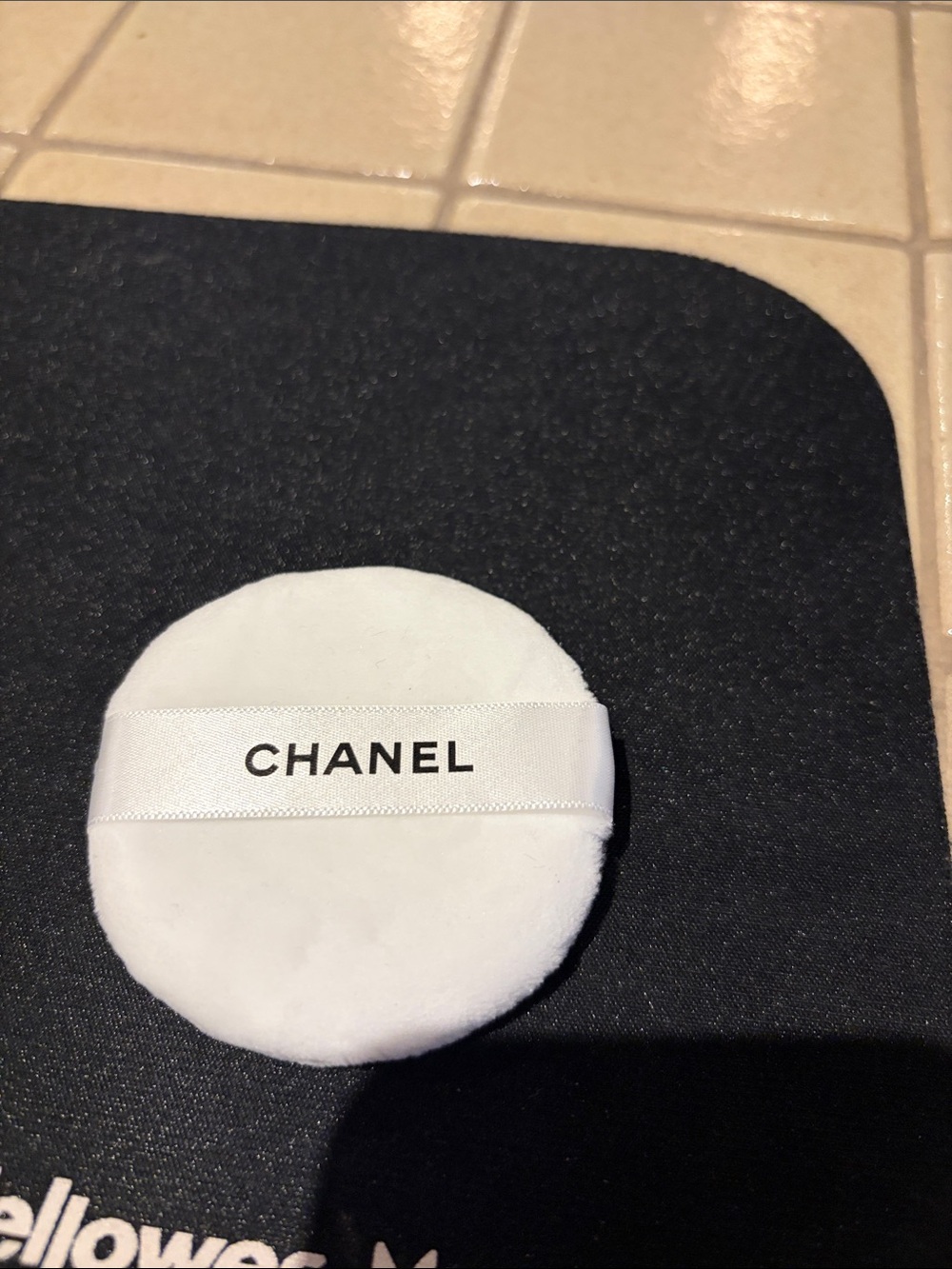 CHANEL White Plush Powder Puff with Branded Ribbon